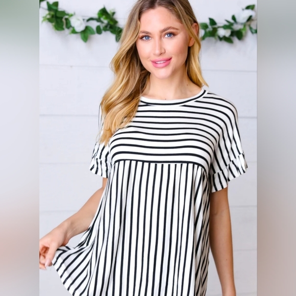 Tops - IVORY BLACK STRIPE BELL SLEEVE TOP